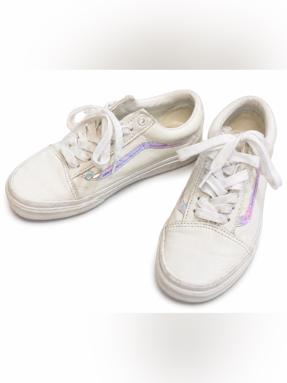 Vans Old Skool White Leather Sneakers Iridescent Side Stripe Women’s US 7